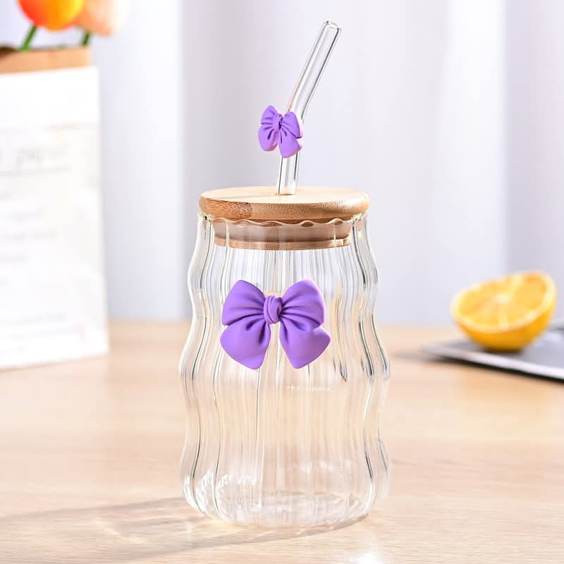 Bow Pattern Glass Tumbler With Wooden Lid Glass Straw β view 4