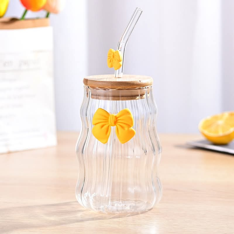 Bow Pattern Glass Tumbler With Wooden Lid Glass Straw β view 3