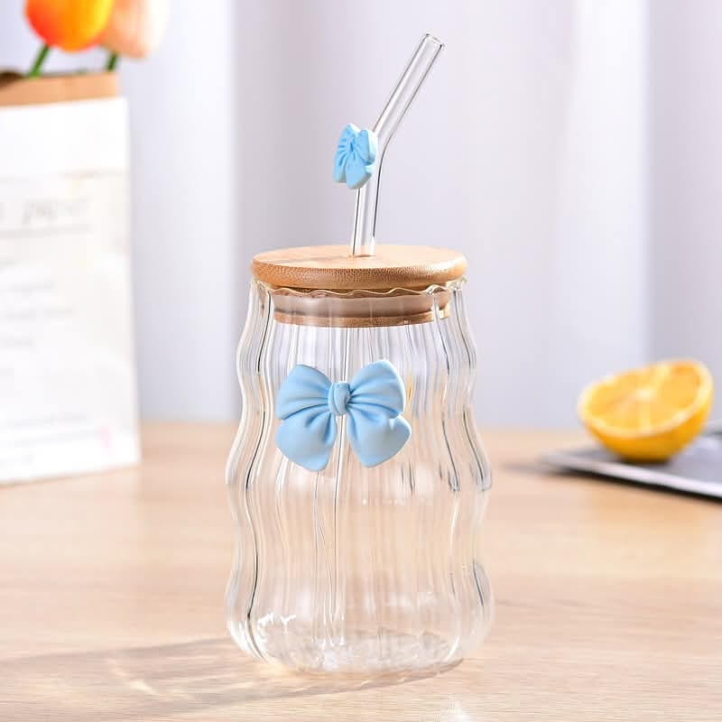 Bow Pattern Glass Tumbler With Wooden Lid Glass Straw β view 5