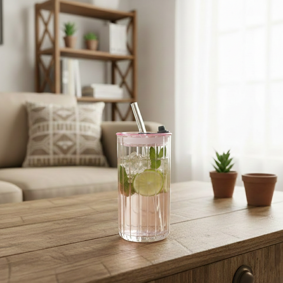 Reeded Glass Tumbler With Glass Straw β view 3