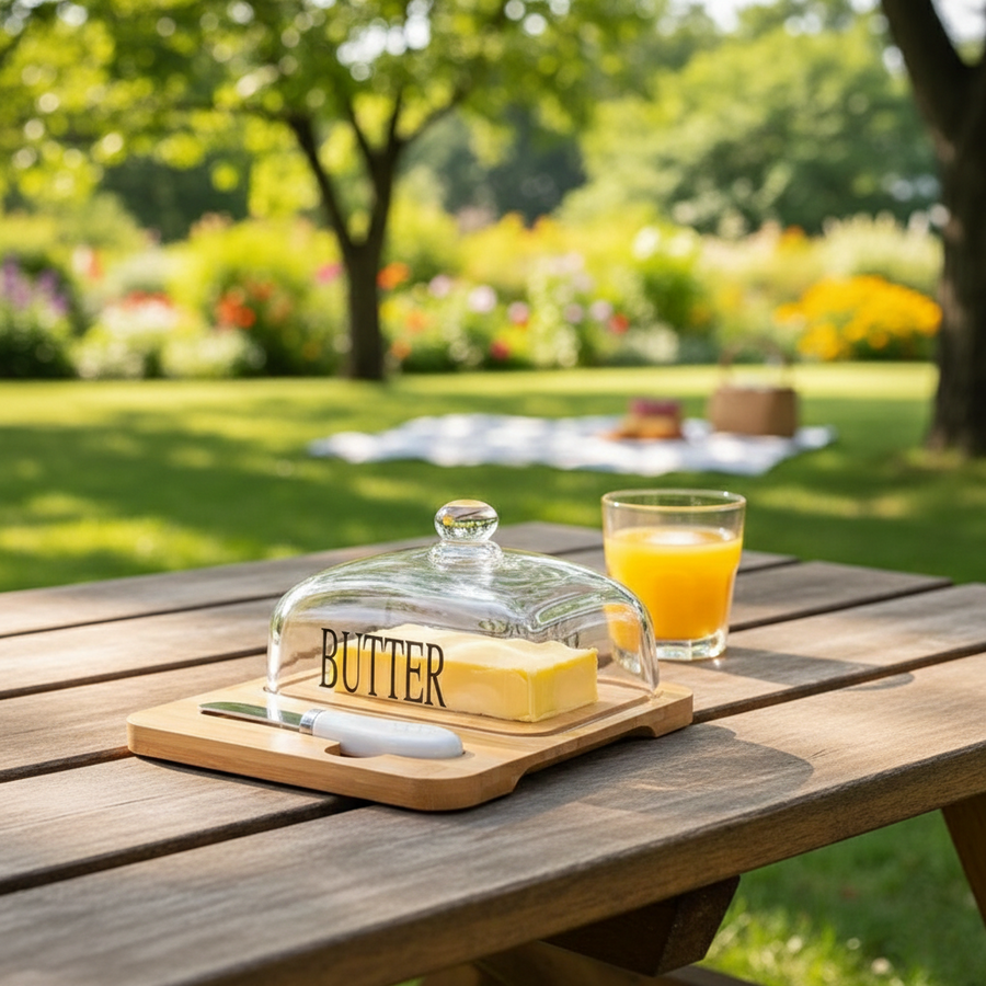 Glass Butter Dish With Bamboo Base Knife β view 3