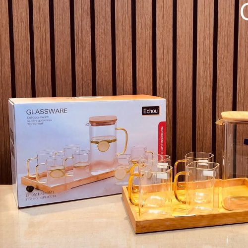 8Pcs Glass Pitcher Set With Wooden Lid Tray β view 6