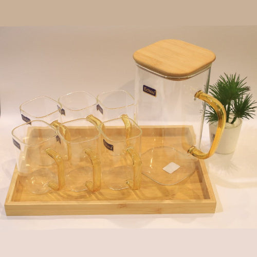 8Pcs Glass Pitcher Set With Wooden Lid Tray β view 5