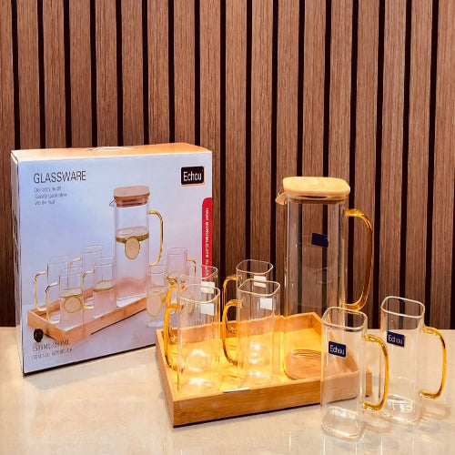 8Pcs Glass Pitcher Set with Wooden Lid & Tray β Al Rafiq