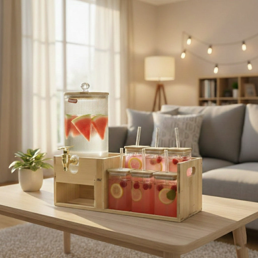 Bamboo Beverage Station -Glass Dispenser and Tumblers with Straws (1151) β Al Rafiq