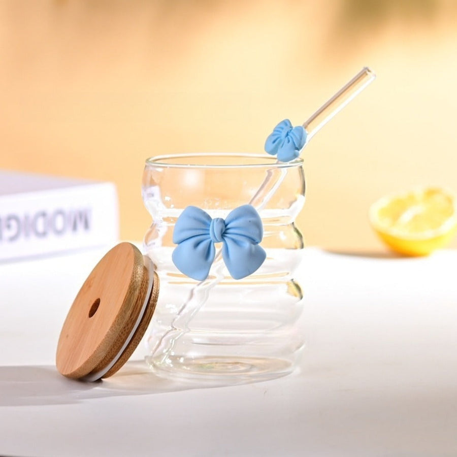 Bow Pattern Glass Tumbler With Wooden Lid Glass Straw β view 9