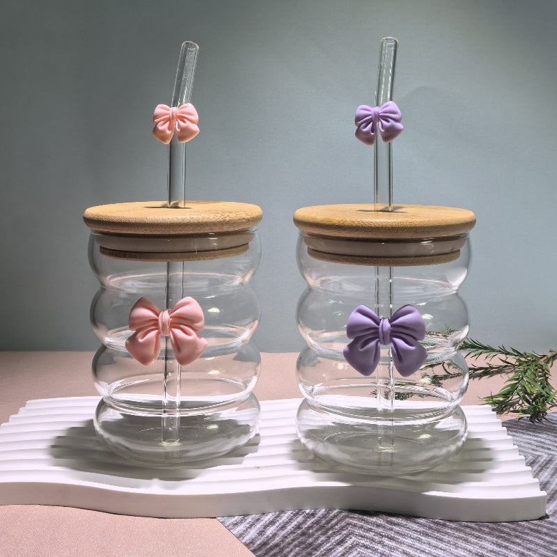 Bow Pattern Glass Tumbler With Wooden Lid Glass Straw β view 8