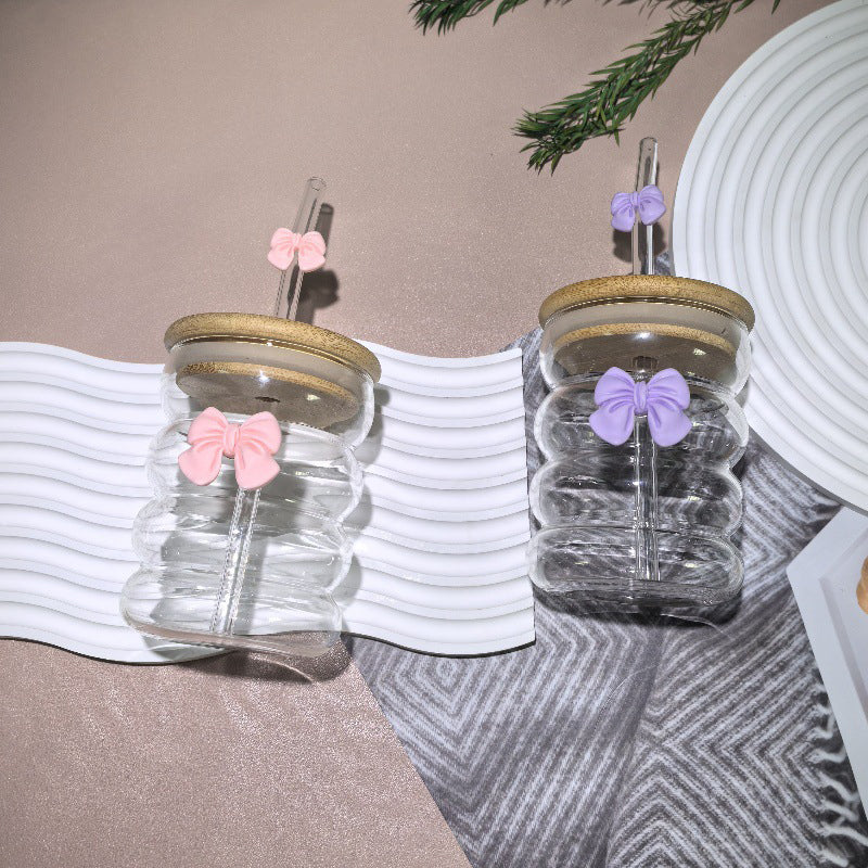 Bow Pattern Glass Tumbler With Wooden Lid Glass Straw β view 11