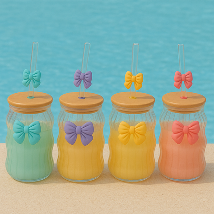 Bow Pattern Glass Tumbler with Wooden Lid & Glass Straw – Al Rafiq