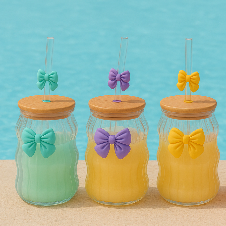 Bow Pattern Glass Tumbler With Wooden Lid Glass Straw – view 2