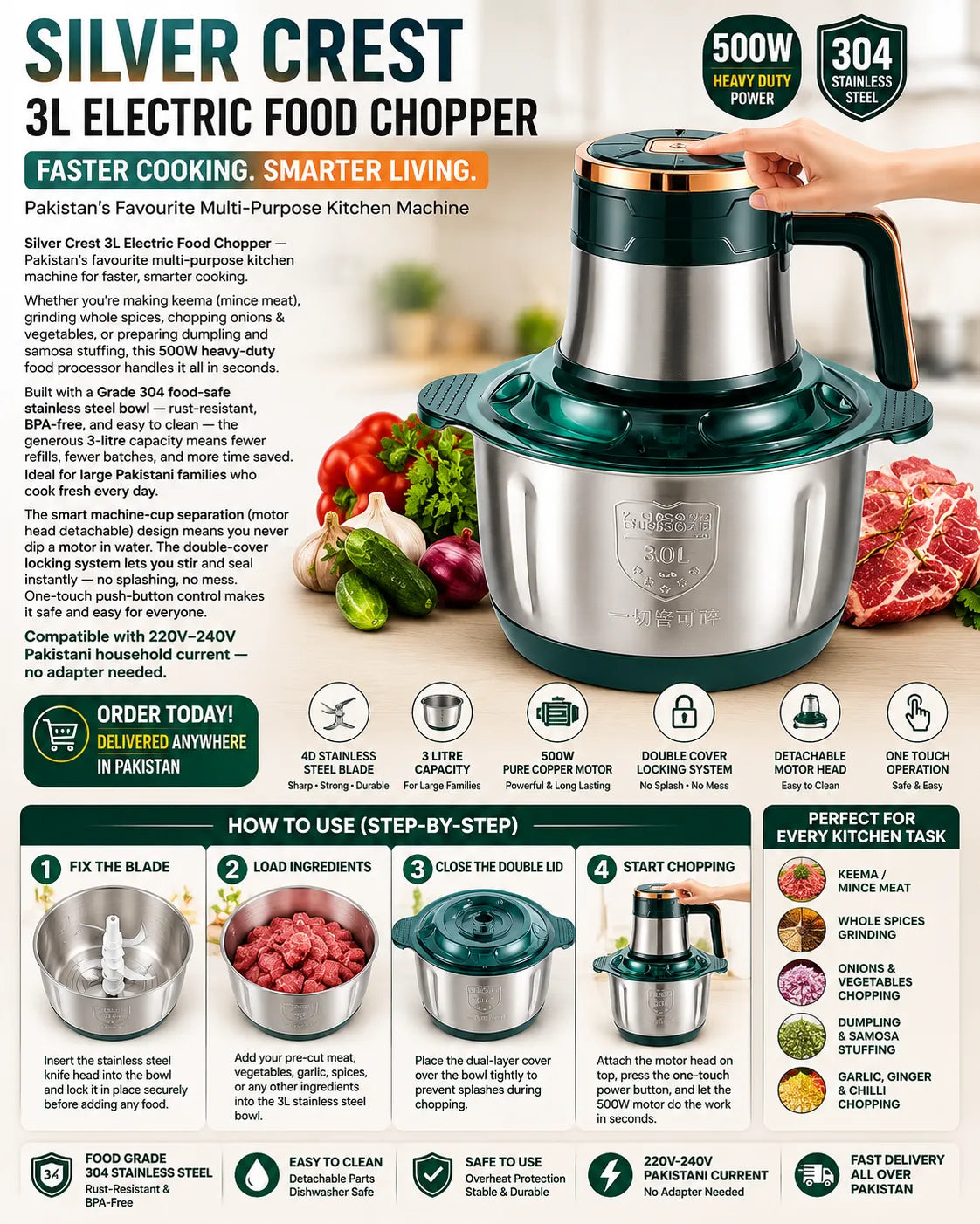 Silver Crest 3L Electric Food Chopper 500W | Meat Grinder & Vegetable Chopper | 304 Stainless Steel | Double Cover | Kitchen Machine