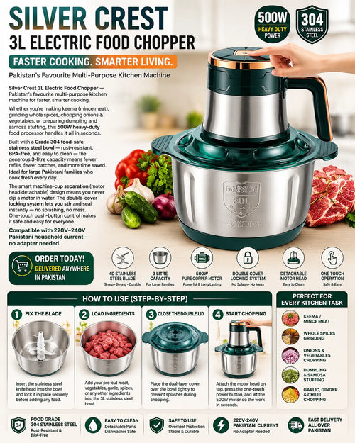 Silver Crest 3L Electric Food Chopper 500W | Meat Grinder & Vegetable Chopper | 304 Stainless Steel | Double Cover | Kitchen Machine
