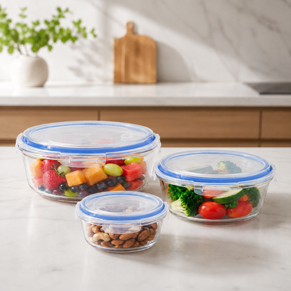 3-Pcs Round Glass Food Storage Containers with Lids – Al Rafiq