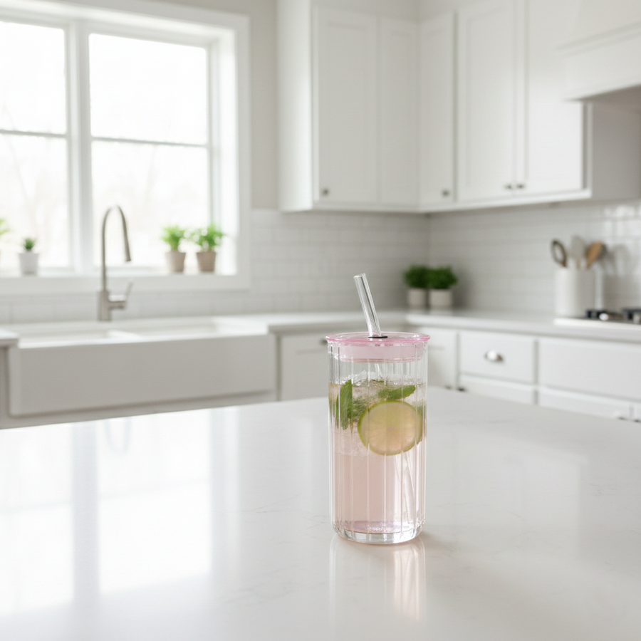 Reeded Glass Tumbler With Glass Straw – view 2