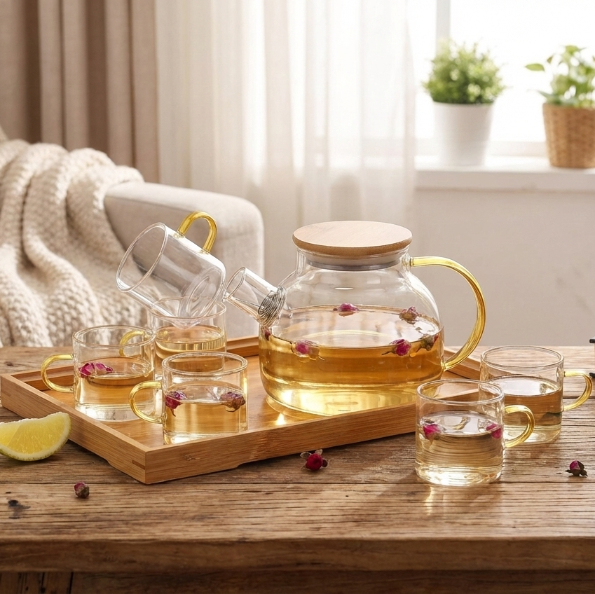 KehwaElegance Glass Set with Wooden Tray – Al Rafiq