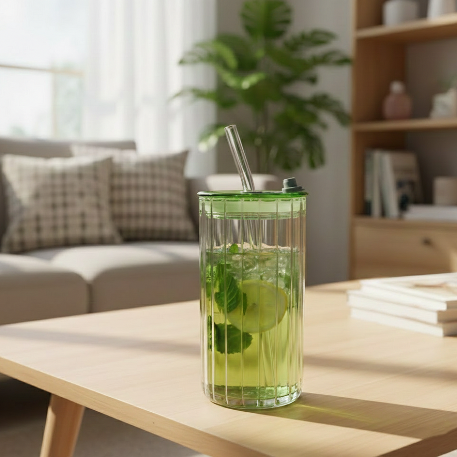 Reeded Glass Tumbler with Glass Straw – Al Rafiq