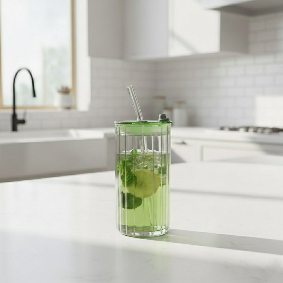 Reeded Glass Tumbler With Glass Straw – view 4
