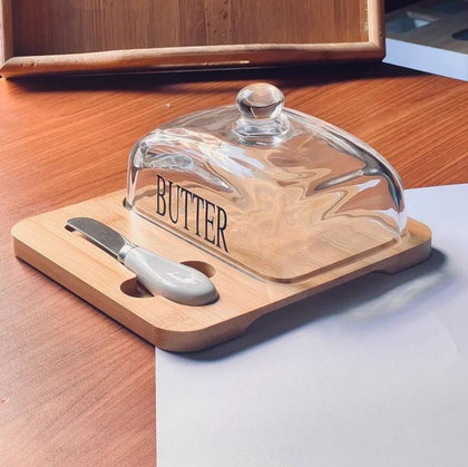 Glass Butter Dish with Bamboo Base & Knife – Al Rafiq