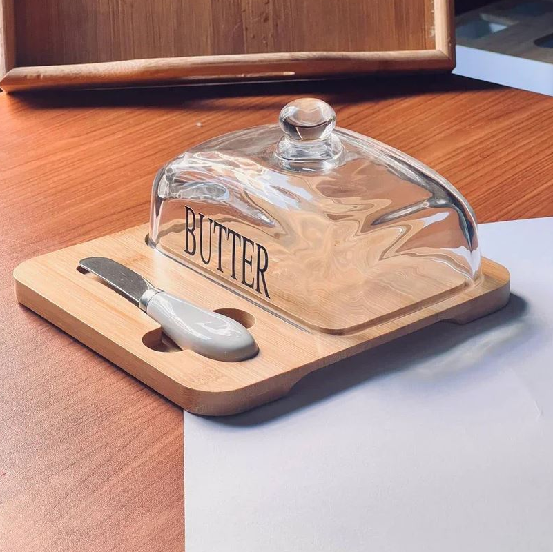Glass Butter Dish with Bamboo Base & Knife – Al Rafiq