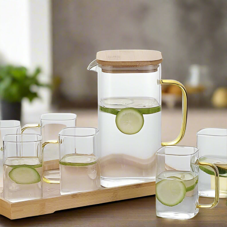 8Pcs Glass Pitcher Set With Wooden Lid Tray – view 4
