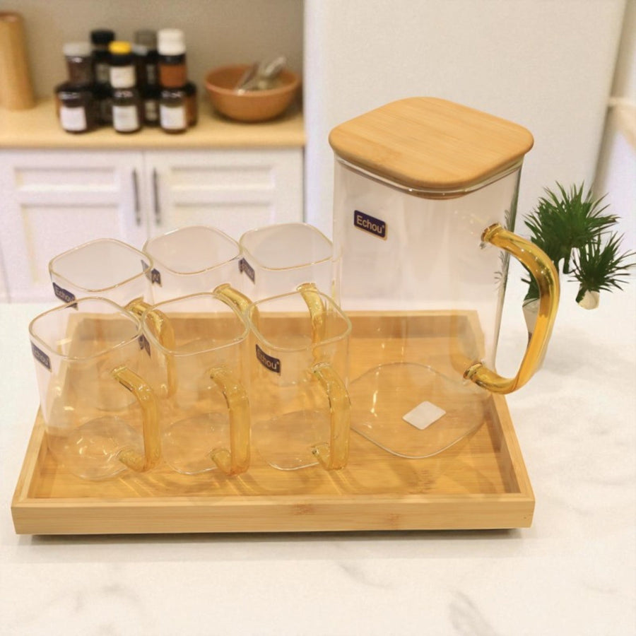 8Pcs Glass Pitcher Set With Wooden Lid Tray – view 3