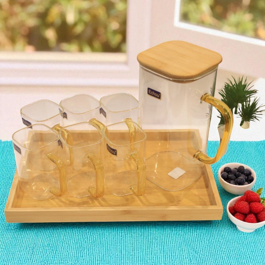8Pcs Glass Pitcher Set With Wooden Lid Tray – view 2