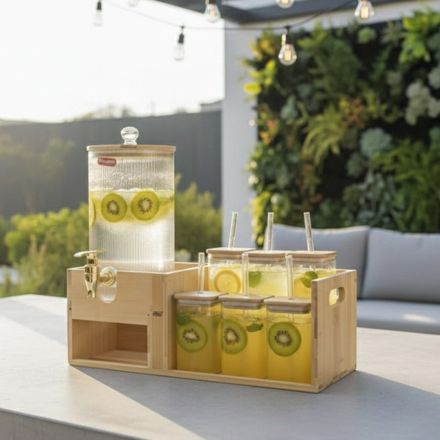 Bamboo Beverage Station Glass Dispenser And Tumblers With Straws 1151 – view 3