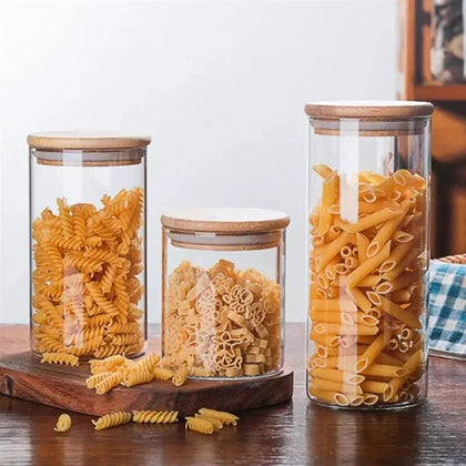 3Pcs Glass Storage Jars with Airtight Bamboo Lids – Al Rafiq