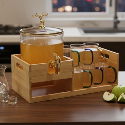 Echou GoldenDeer Glass Dispenser Set with Wooden Stand & 6 Glasses – Al Rafiq