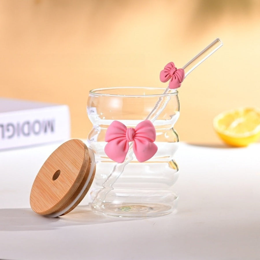 Bow Pattern Glass Tumbler With Wooden Lid Glass Straw – view 10