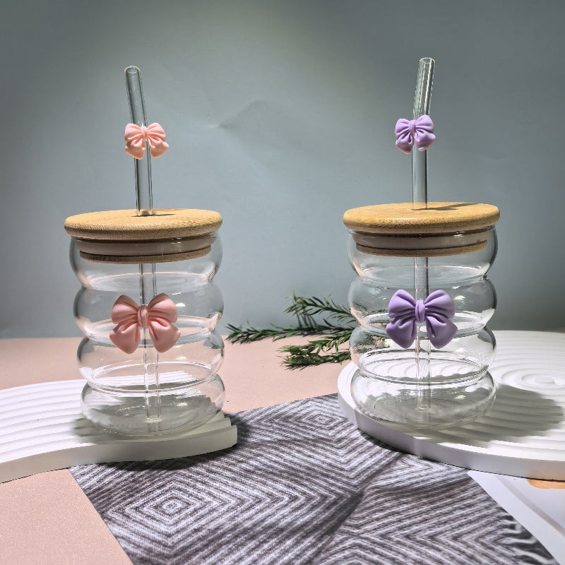 Bow Pattern Glass Tumbler With Wooden Lid Glass Straw – view 6