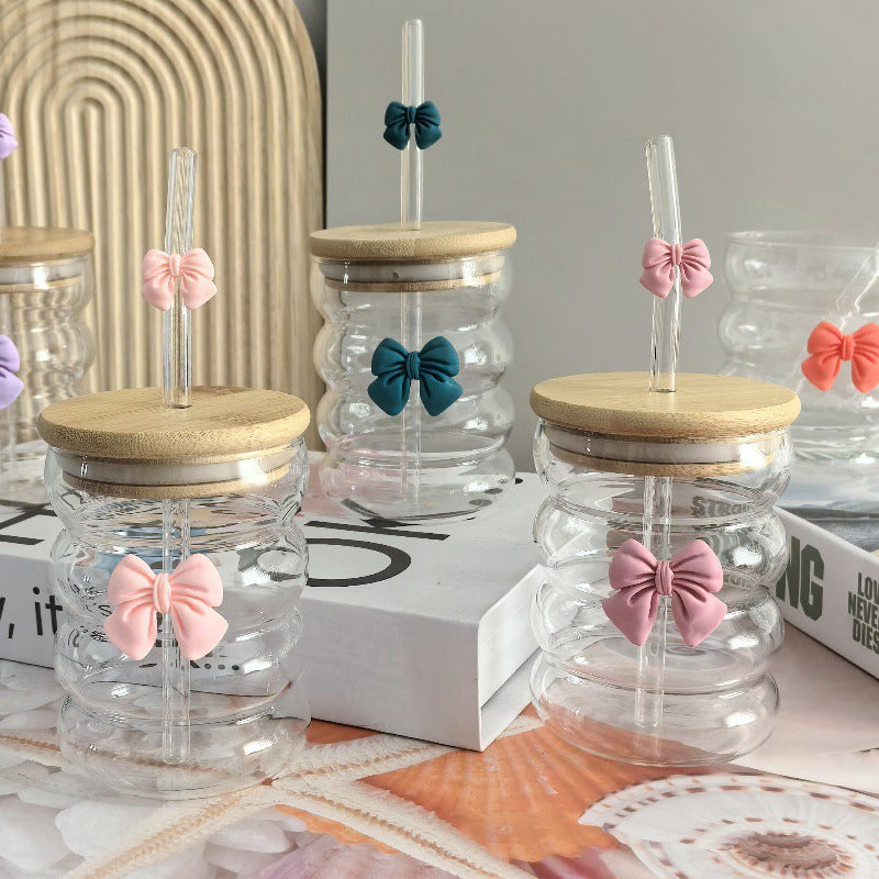 Bow Pattern Glass Tumbler With Wooden Lid Glass Straw – view 7